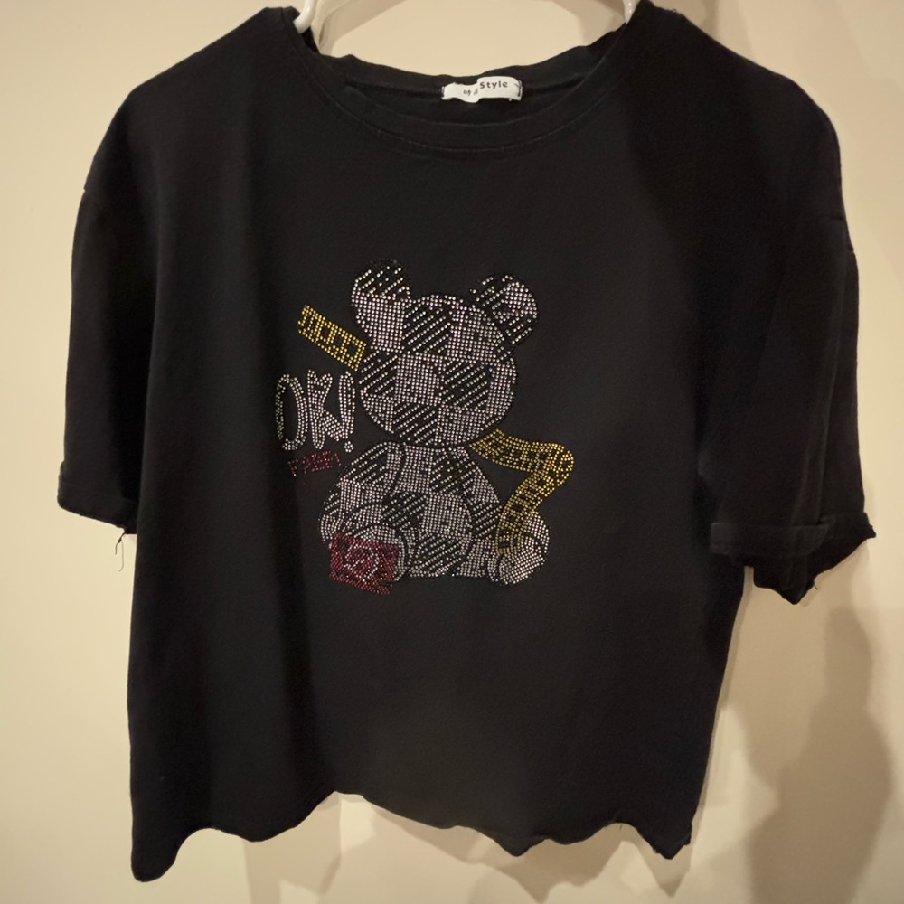 NWOT: Basic Black Baggy Short Sleeve Tee With Teddy Bear Jewel Embroidery
